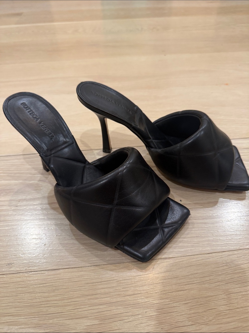 Bottega Veneta (Authentic) Black Quilted High-Heel Slide Sandals - Women's